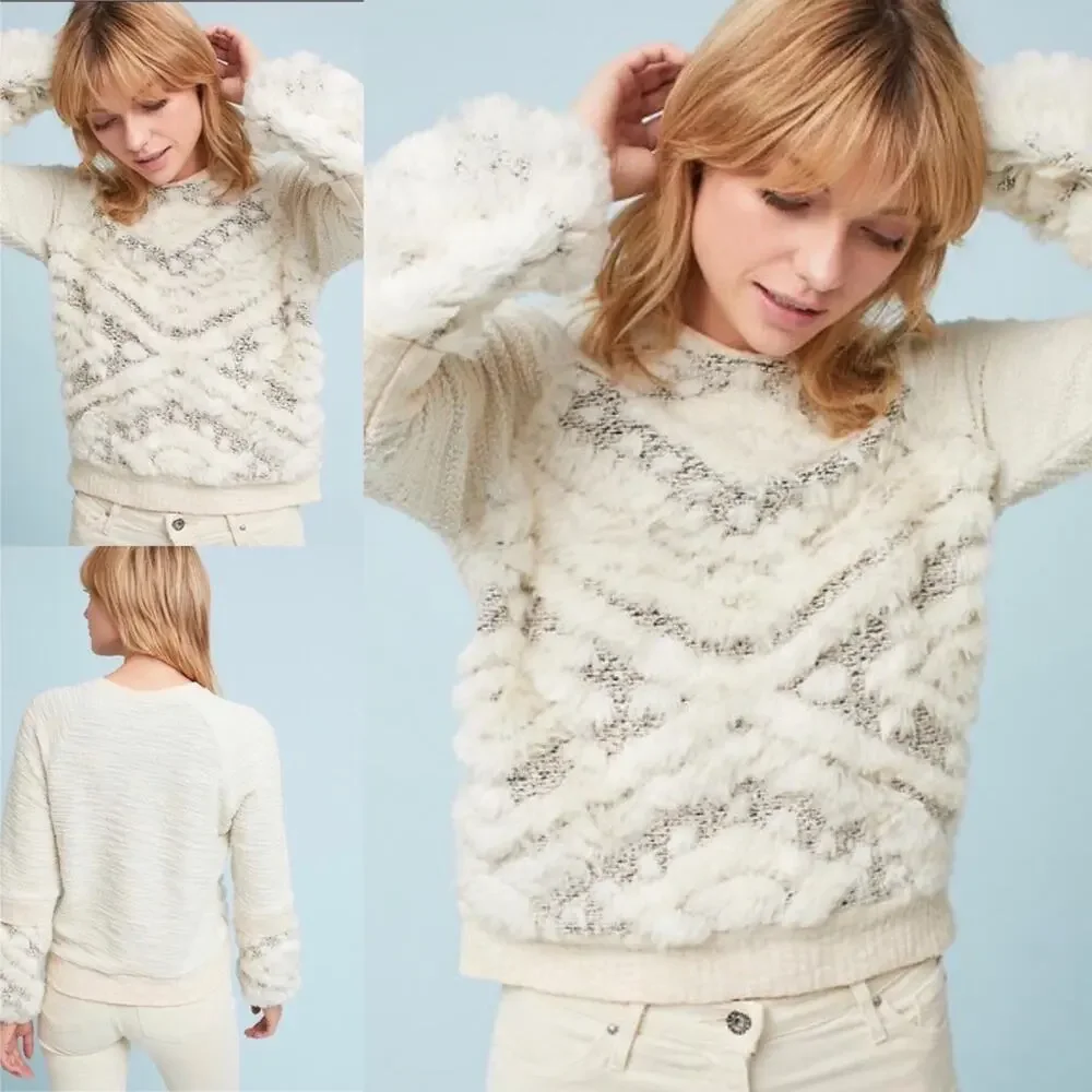 Anthropologie Amadi Calista Knit Faux Fur Cream Textured Sweater Cotton Small